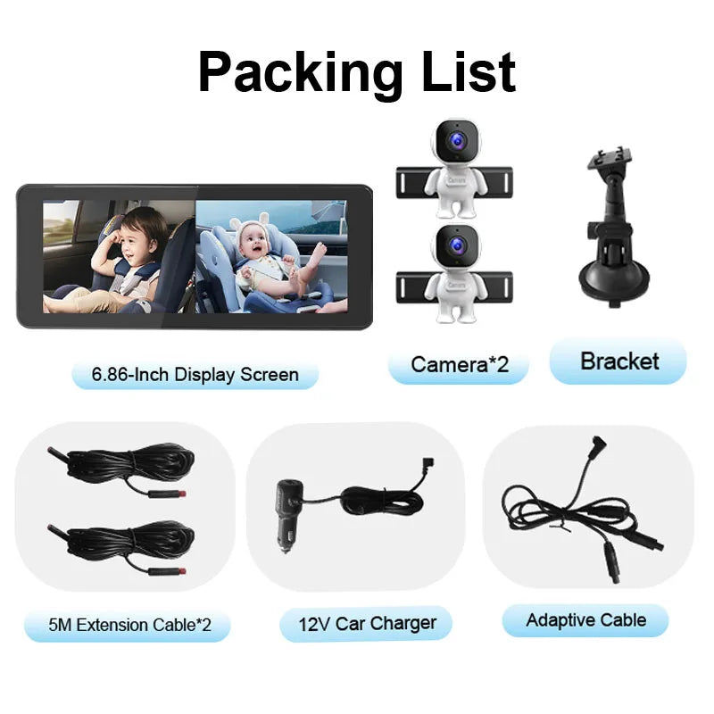 1080P Dual Lens Car Baby Monitor, Multiple Installation Methods, Rear Seat Visible, Adjustable Lens, 6.86-Inch Screen