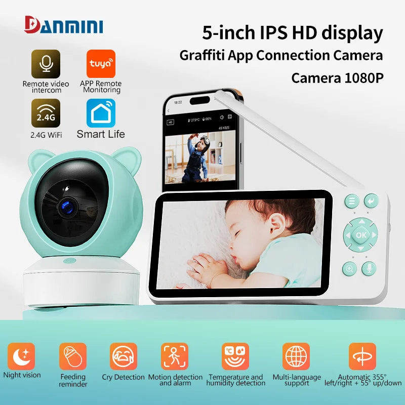 5 "Tuya Baby Monitor 2K High Definition Wifi Remote Mobile APP Control Up, Down, Left and Right Rotation Gimbal Camera