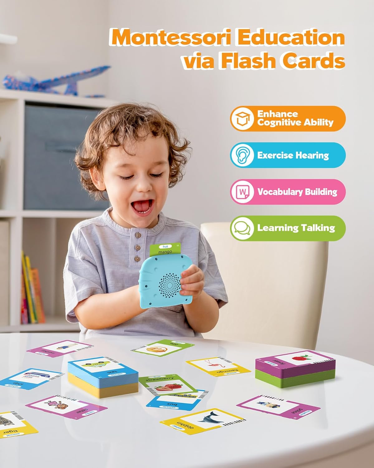 Talking Flash Cards for Toddlers 1-4 Years Old, Language Learning & Montessori Learning Tool with 224 Words, Pocket Speech Therapy Device, Children'S Sensory Educational Toy