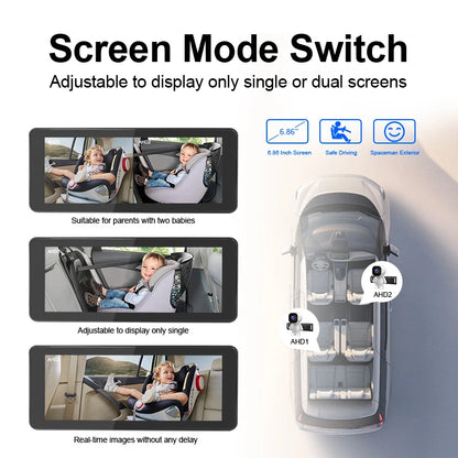 1080P Dual Lens Car Baby Monitor, Multiple Installation Methods, Rear Seat Visible, Adjustable Lens, 6.86-Inch Screen